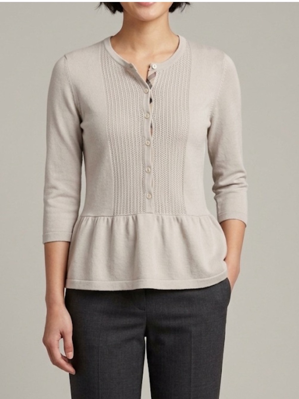 Burberry Merino Wool Button Up Peplum Sweater Size Small Taupe